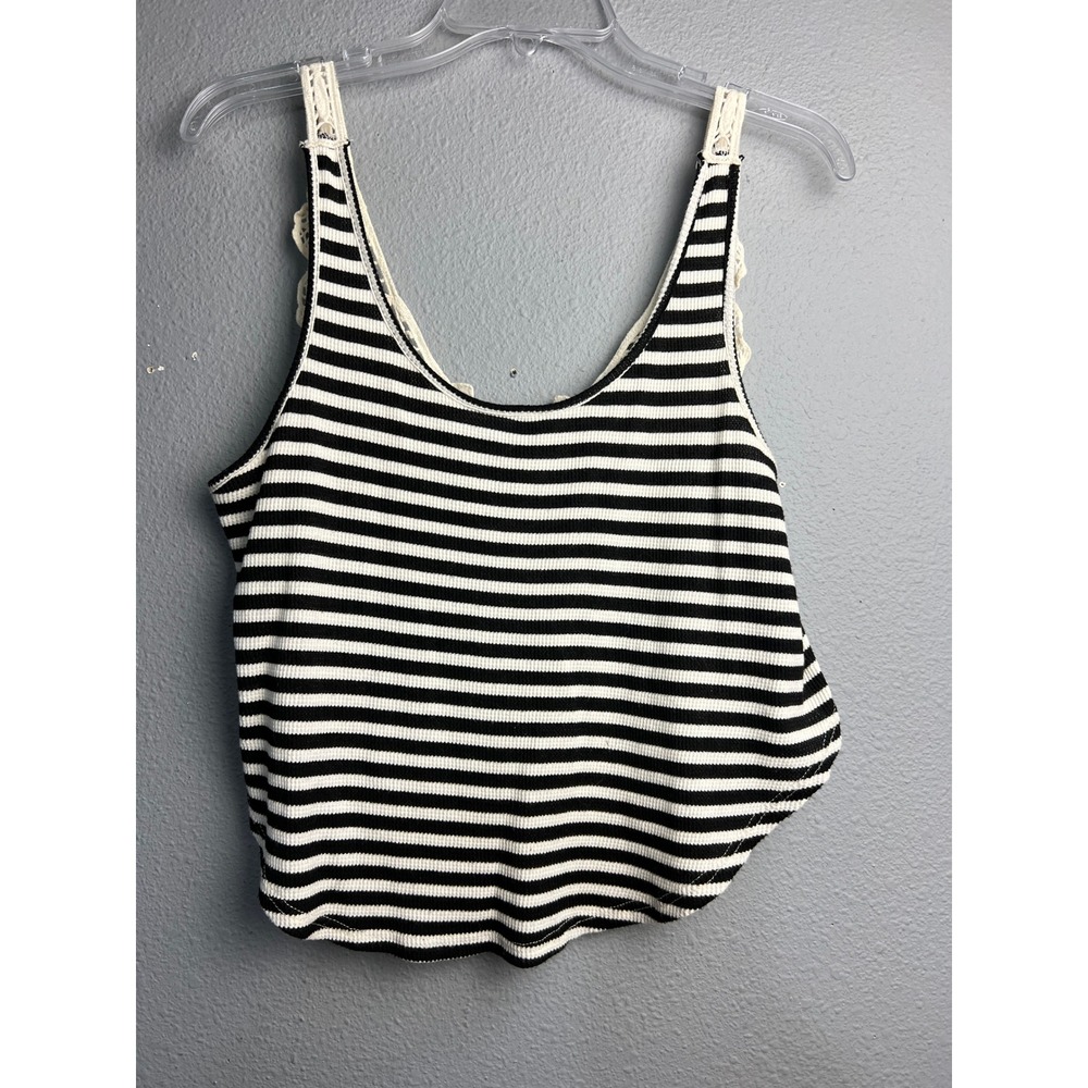 Sweet Claire Womens Black White Striped Crochet Back Ribbed Tank Top Coastal SM